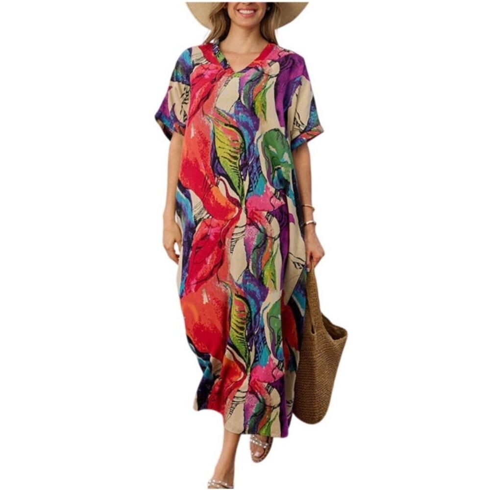 Ornella Caftan 100% Linen Maxi One Size Floral Boho Cover Up Kaftan w/ Pockets
